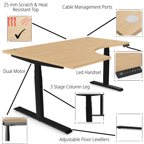 features LEAP Electric Dual Motor Height Adjustable Radial Right Hand Sit Stand Desk Portal Top W1600xD1200/800xH620-1270mm Beech Top Black Frame 10 Year Warranty